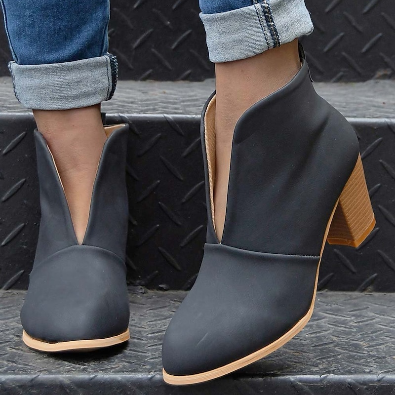 Women's Black Ankle Boots – Trendy V-Cut Slip-On Booties with Chunky Block Heels for Casual & Fall Outfits4
