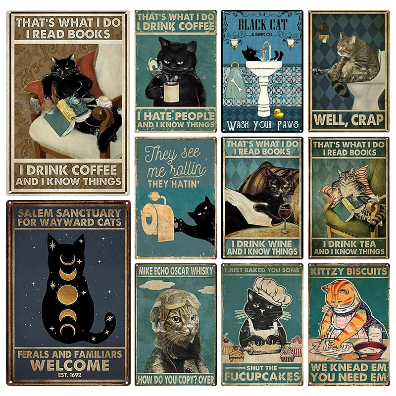 1pc Retro Metal Tin Sign Cat Wine Tin Sign Vintage Kitchen Signs Wall Decor, Painting Wall Hanging for Home Decor Wall Art Metal Tin Sign 20x30cm/8''x12''