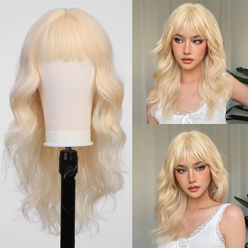Long Blonde Wigs for Women Curly Layered Wig with Bangs Natural Synthetic Hair Halloween Cosplay Party Wigs