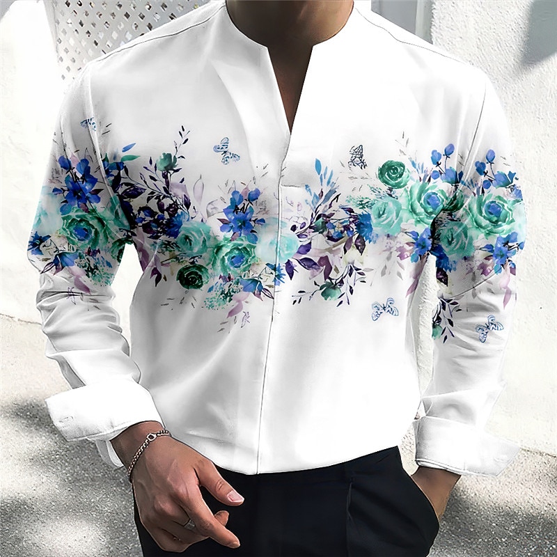 Men's Floral Shirt Button Up Shirt Long Sleeve Fashion Streetwear Designer Outdoor Casual Daily Summer Fall V Neck Print Yellow Red Blue Purple Green2