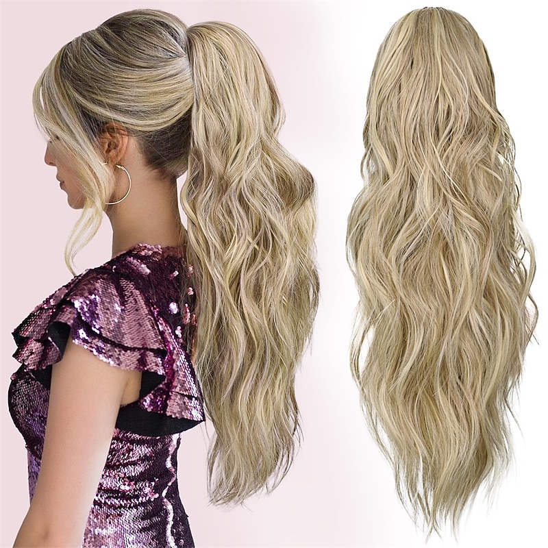 Ponytail Extension Claw Clip in Pony Tails Hair Extensions Fluffy Natural Synthetic Wavy Secret Ponytail Hairpiece 22 Inch Dirty Blonde mix Highlight Blonde for Women Daily Use party