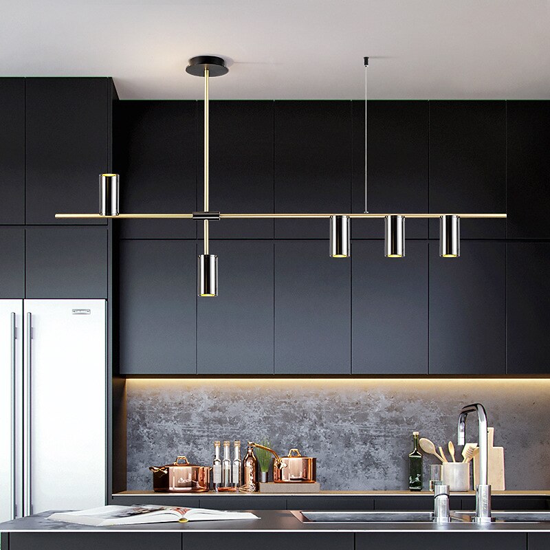 Kitchen Island Lights Contemporary Pendant Light Fixture 5 Heads Modern Industrial Linear Pendant Light for Living Room, Kitchen Island, Gold Finish and Black Shade, Bulb Included 110-240V2
