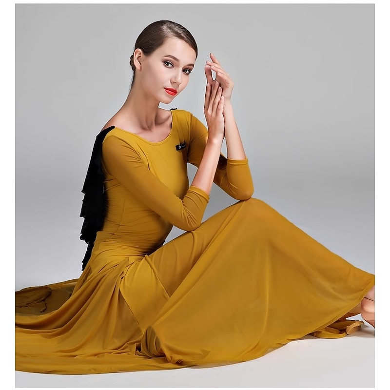 Ballroom Dance Dress Pure Color Women's Performance Party Long Sleeve Milk Fiber2