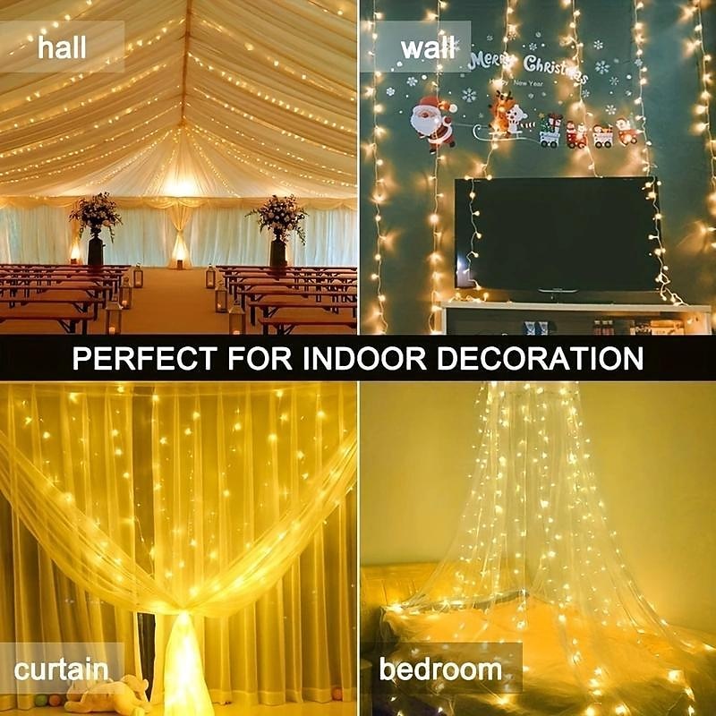 LED Curtain Light Copper Wire with 8 Lighting Modes Remote Control USB Powered for Christmas Holiday Room Window Curtain Decoration