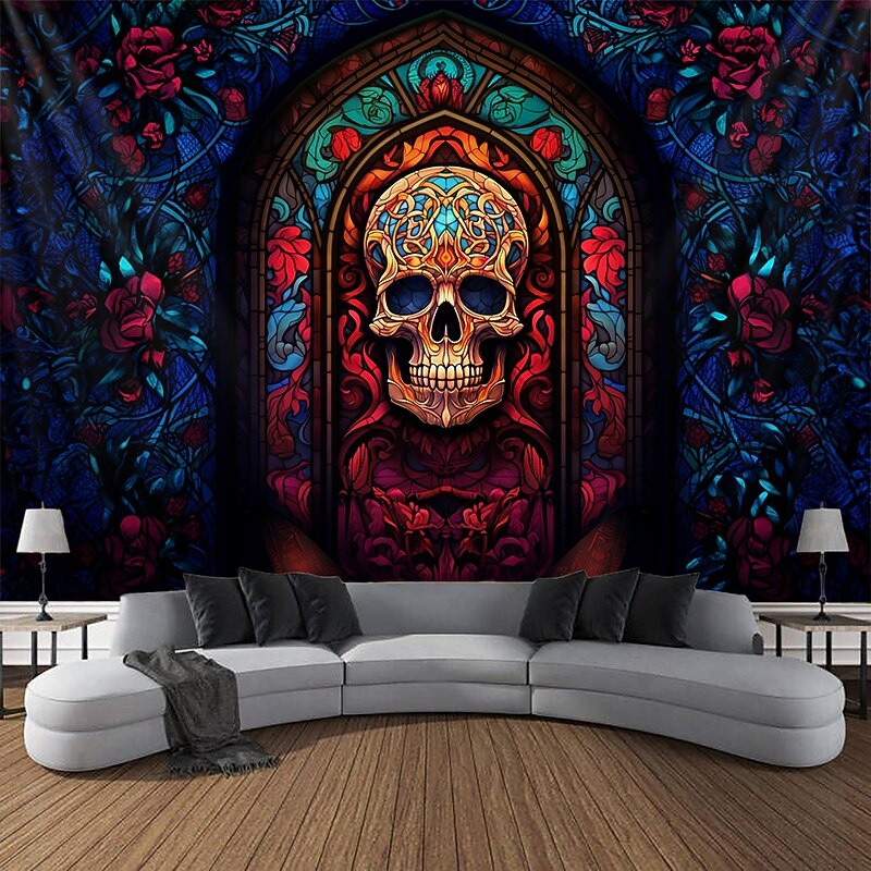Halloween Hanging Tapestry Day of Dead Skull Wall Art Large Tapestry Mural Decor Photograph Backdrop Blanket Curtain Home Bedroom Living Room Decoration Stained Glass  Decorations2