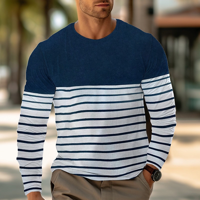 Men's T Shirt Tee Top Long Sleeve Crew Neck Summer Stripes Fashion Designer Basic Vacation Street Going out Wine Black Dark Blue Top Tee for Men4