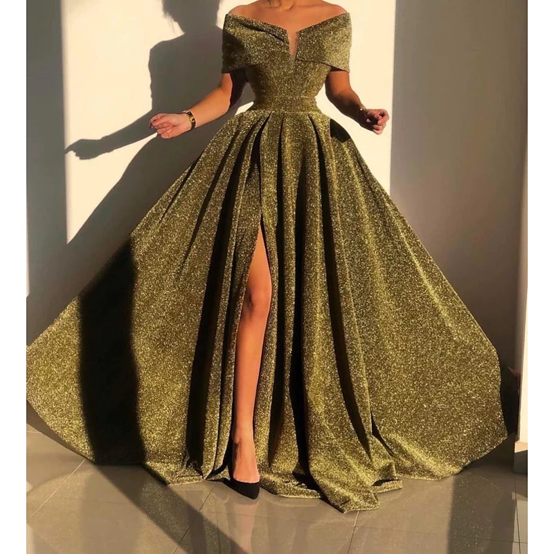 A-Line Evening Gown Sparkle & Shine Dress Formal Fall Court Train Sleeveless Off Shoulder Sequined with Sequin Slit Masquerade Dress2