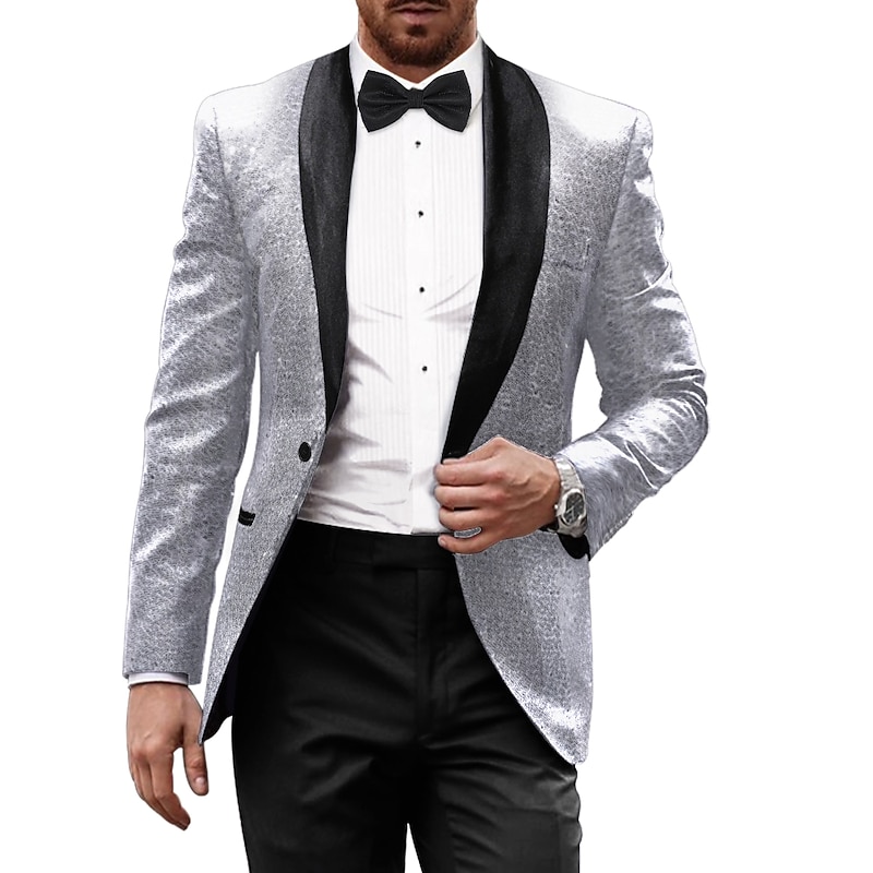 Men's Blazer Jacket Tuxedo Shawl Collar Party Sparkle Casual Pattern Black Silver Burgundy Tailored Fit Single Breasted One-button3