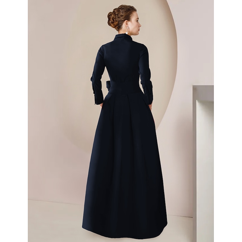 Two Piece Jumpsuits Mother of the Bride  Formal Wedding Guest Elegant Party Shirt Collar Floor Length Taffeta Long Sleeve with Bow(s) Solid Color4