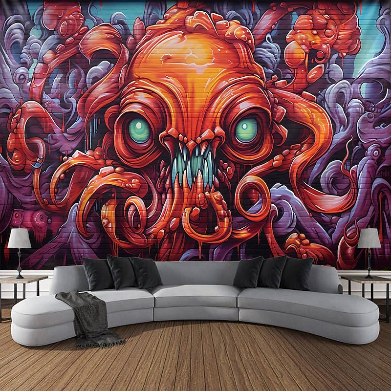 Graffiti Monster Octopus Hanging Tapestry Wall Art Large Tapestry Mural Decor Photograph Backdrop Blanket Curtain Home Bedroom Living Room Decoration2