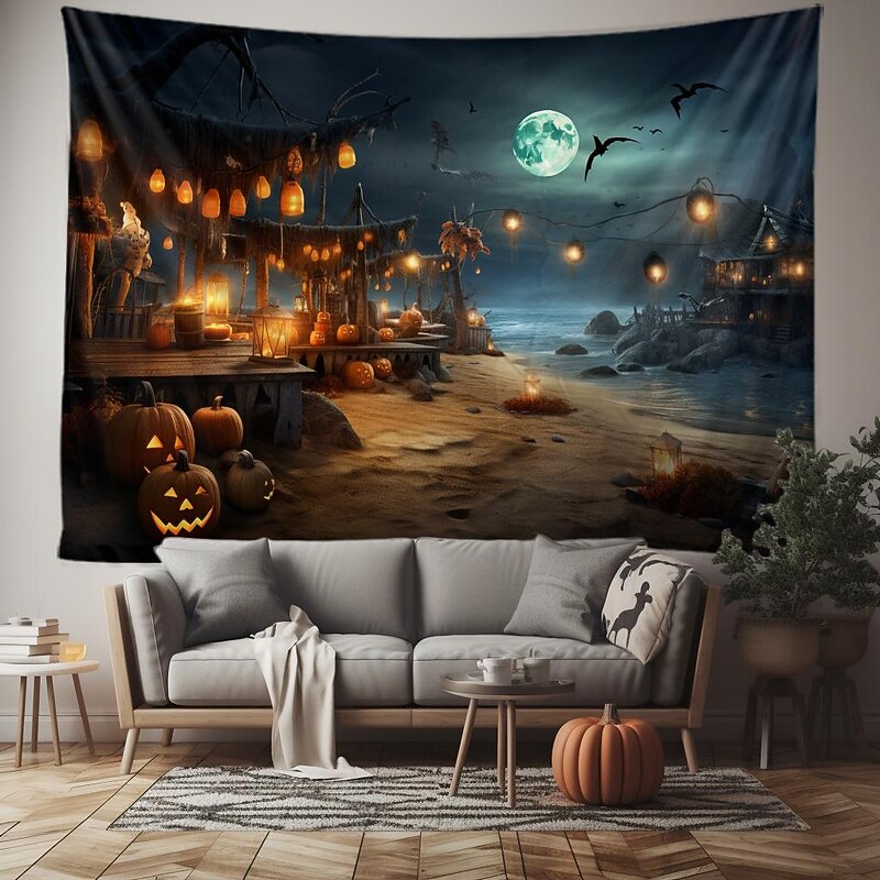 Halloween Decorations Tapestry Jack O Lantern Pumpkin Decor Wall Art Large Hanging Tapestry Mural Decor Photograph Backdrop Blanket Curtain Home Bedroom Living Room Bat Beach2
