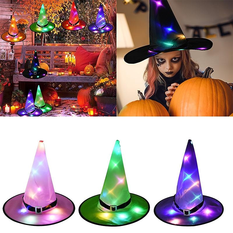 1Pcs Halloween LED Witch Hat Glowing Witches Hat Halloween Costume Props Outdoor Tree Hanging Ornament Supplies