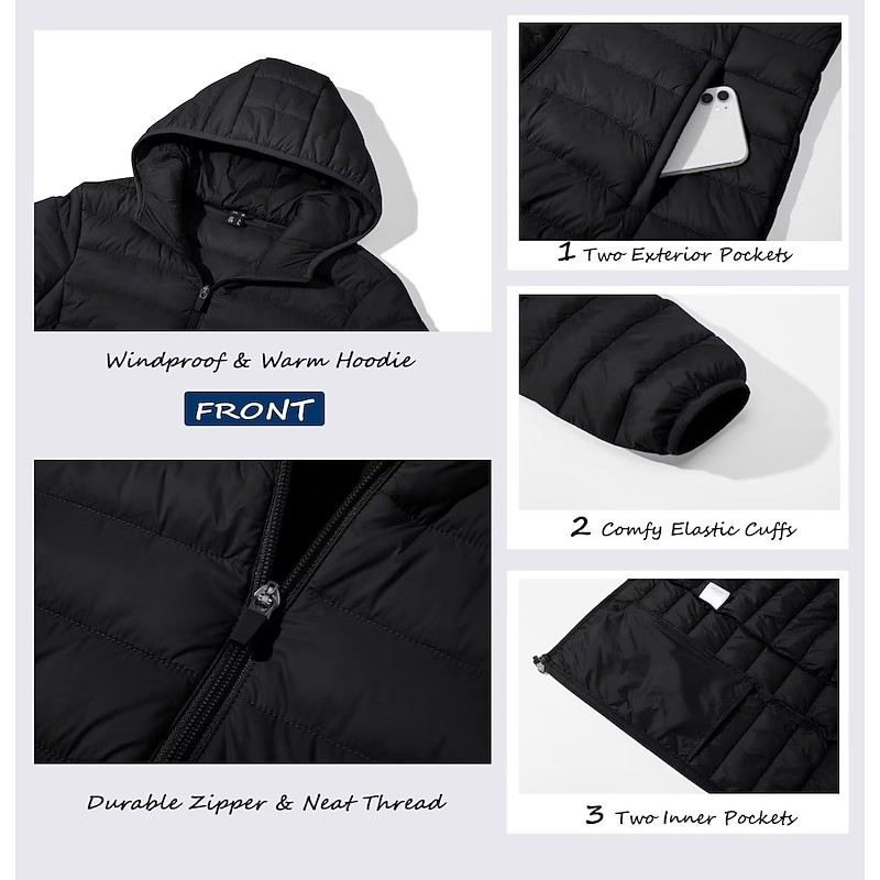 Women's Puffer Jacket with Hoodie Jacket Hiking Down Jacket Winter Outdoor Thermal Warm Packable Waterproof Windproof Jacket Top Full Length Visible Zipper Fishing Camping / Hiking / Caving2