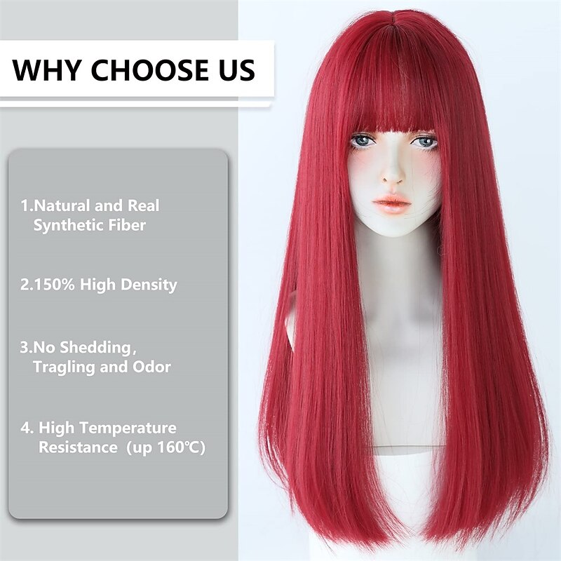 Red Wigs with Bangs Burgundy red Synthetic Long Straight Wig for Women Party and Cosplay Bright Red Wig4