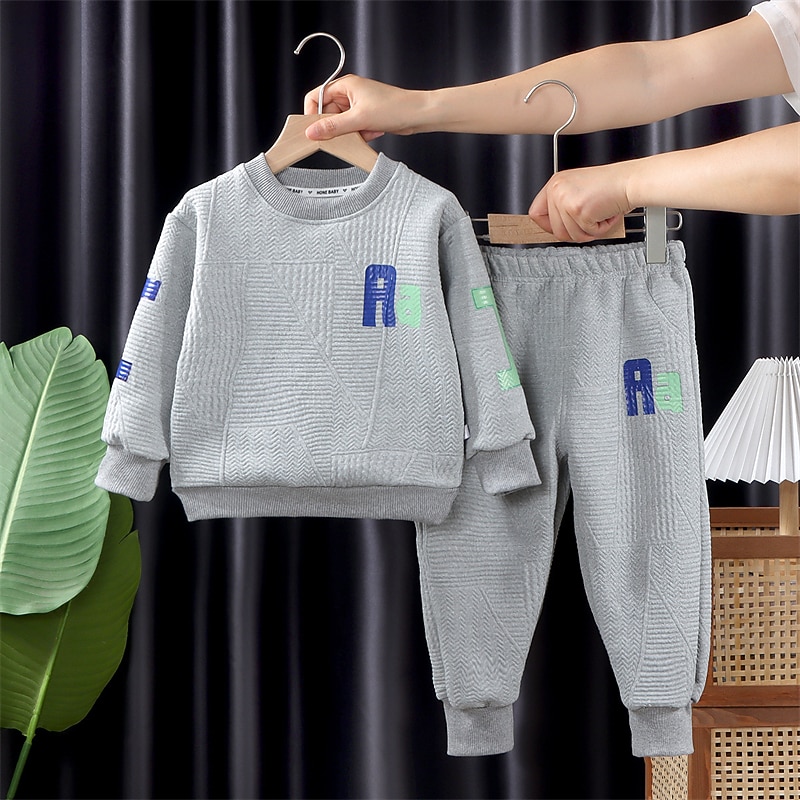 2 Pieces Kids Boys Hoodie & Sweatpants Set Clothing Set Outfit Letter Long Sleeve Crewneck Set School Sports Fashion Daily Fall Winter 7-13 Years Pink Blue Gray3