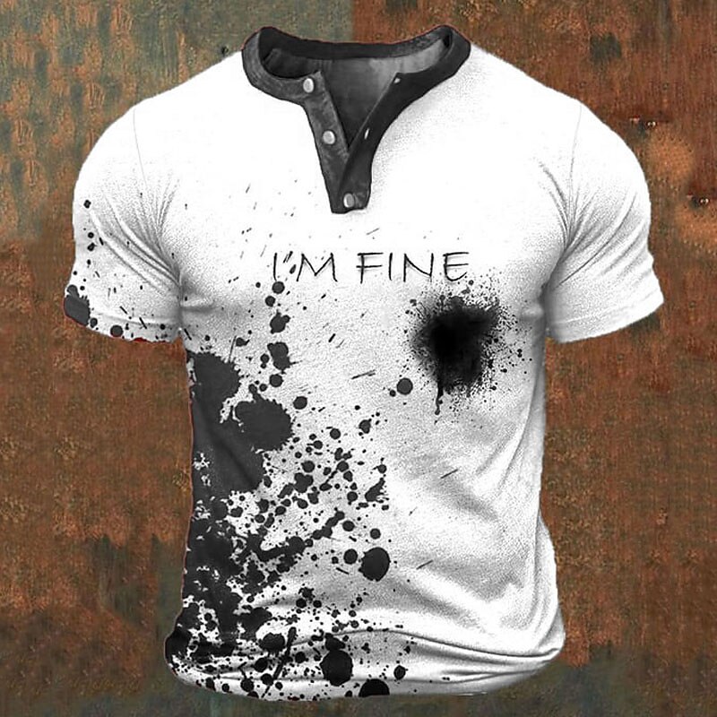 I'M Fine Mens Graphic Shirt Color Block Prints Fashion Basic Casual 3D Henley Tee Vintage Outdoor Daily Going Black Blue Red & White Cotton4