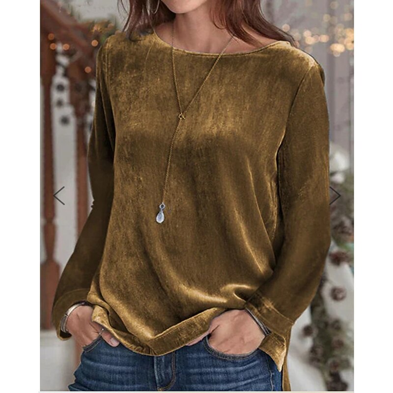 Women's T Shirt Plain Basic Long Sleeve Round Neck Regular Tops Valentine's Day Daily Weekend Black Pink Blue Brown Gray Fall & Winter2