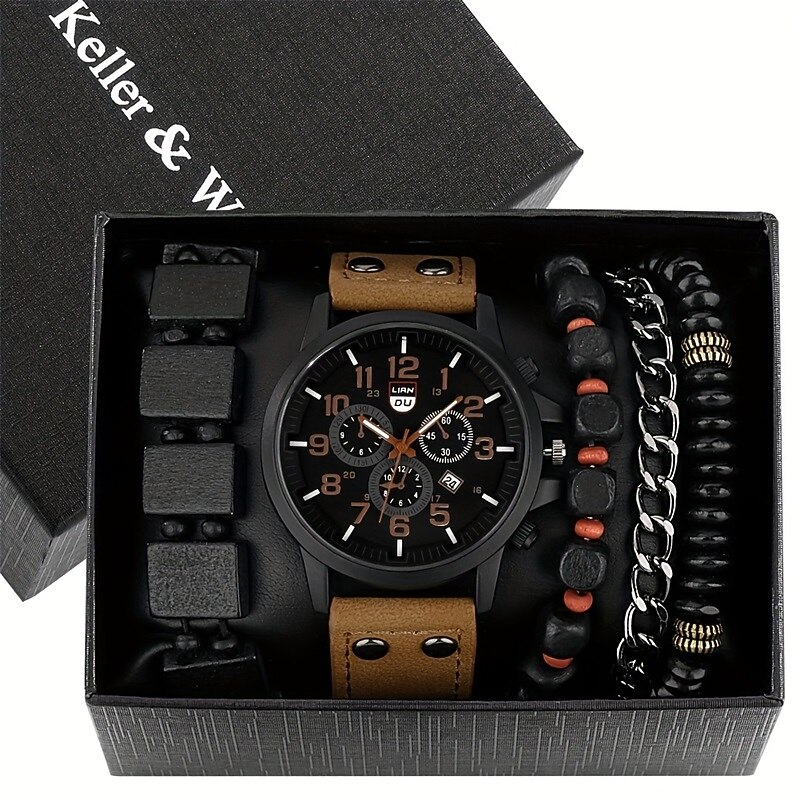 Keller Weber 5Pcs Watches Bracelet Set Luxury Men Quartz Wristwatches Leather Band Fahsion Casual Watch For Men Gift For Boyfriend4
