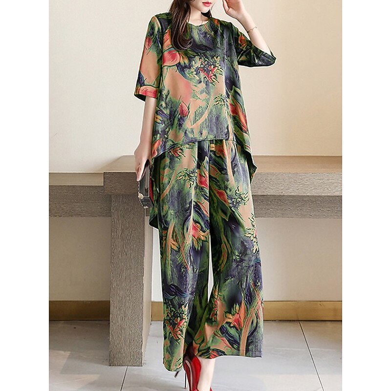 Women's Loungewear Sets Flower Fashion Casual Comfort Street Daily Date Breathable Crew Neck Short Sleeve T shirt Tee Pant Pocket Summer Spring Home Outfits2