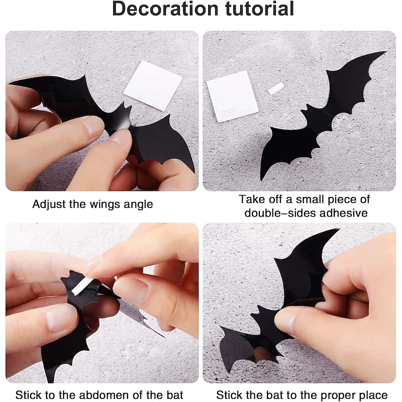 60 Pcs 12 Pack of Halloween Bats 3D Black Stereoscopic Bat Sticker Halloween Wall Sticker Stereoscopic Spider4