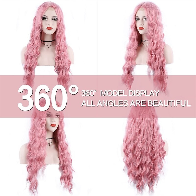 Pink Wig 28 Inches Long Pink Wavy Wigs For Women Synthetic Hair Replacement Wigs Light Pink Wig Halloween Cosplay Daily Party Heat-Resistant Fiber Wig2