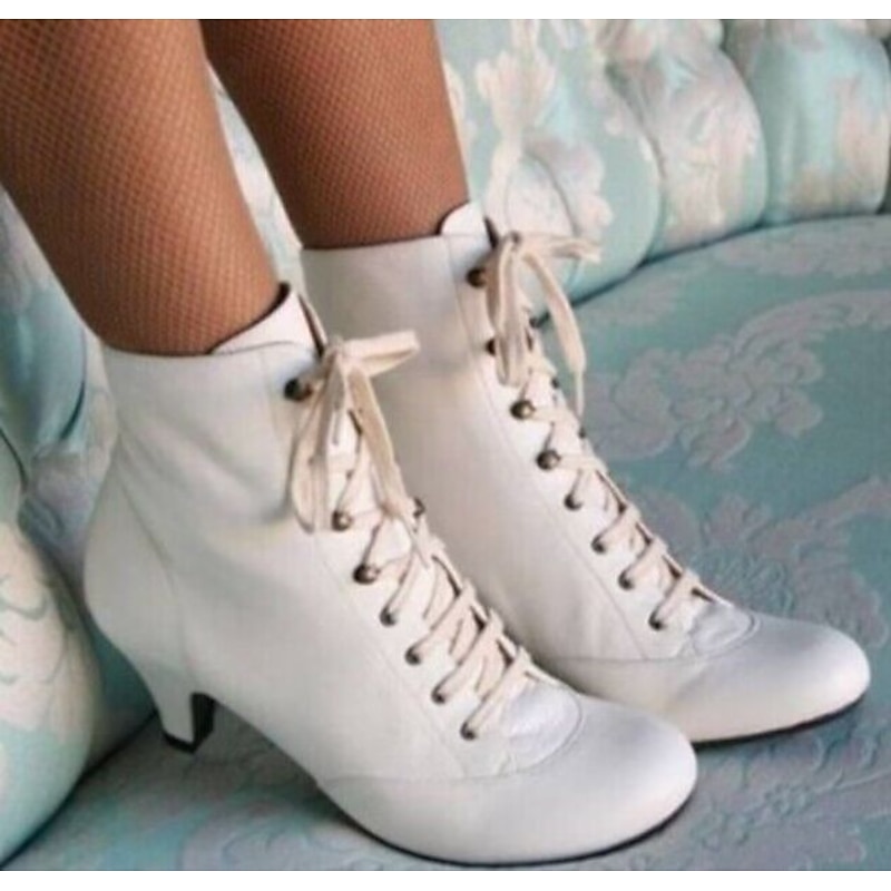 Women's White Lace-Up Victorian Ankle Boots with Mid Heel, Vintage-Inspired Footwear for Formal and Retro Style3