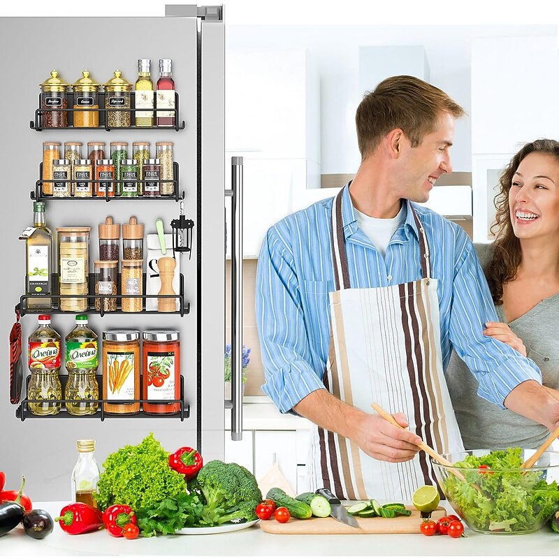 1 Pack Magnetic Spice Rack Organizer, Magnetic Spice Rack for Refrigerator, Magnetic Shelf for Holding Spices, Jars, Bottle, Metal&Black4