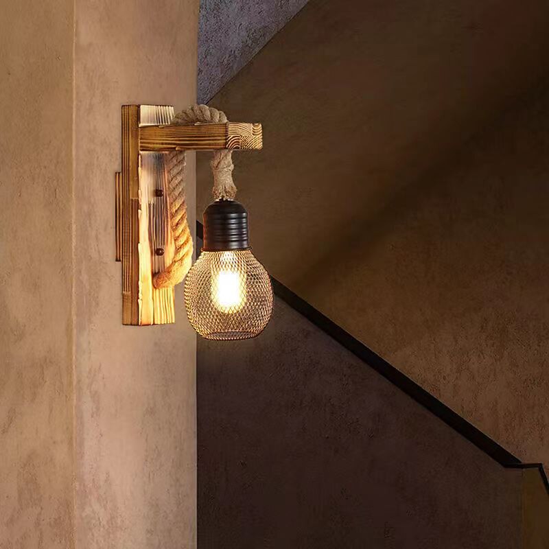 Natural Fiber Rope Brown Wall Light Kit Shaded 1 Head Cottage Wall Mount Lamp Industrial Vintage Sconce Lights with Wood Backplate for Bar Hallway Restaurant 110-240V4