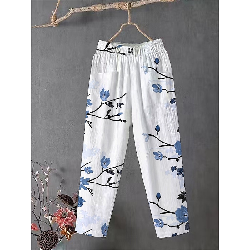 Women's Cotton Linen Pants Slacks Baggy Pants Comfort Chino Ankle-Length Medium Waist Flower Pocket Baggy Print Breathability Micro-elastic Outdoor Daily Light Pink White / White Black 4# Blue All