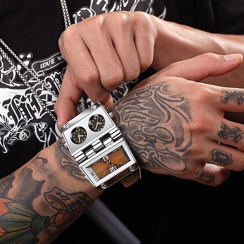 Oulm Quartz Watches for Men Sports Mens Wristwatch Three Time Zone Casual Square Dial Unique Leather Watch Male relogio masculino3