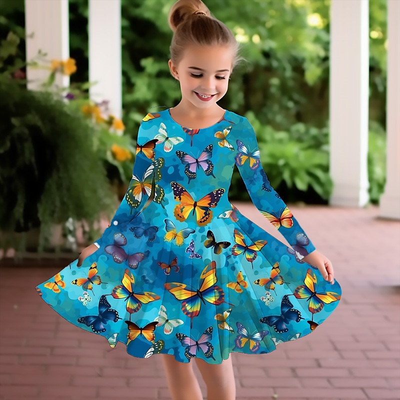 Girls' 3D Butterfly Dress Long Sleeve 3D Print Fall Winter Sports & Outdoor Daily Holiday Cute Casual Beautiful Kids 3-12 Years Casual Dress A Line Dress Above Knee Polyester Regular Fit2