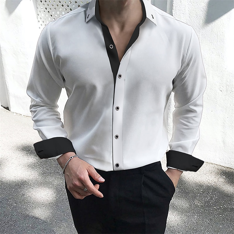 Men's Dress Shirt Collared Shirt Button Up Shirt Plain Wedding Valentine's Day Black White Red Navy Blue Long Sleeve Collar Summer Spring Clothing Apparel Patchwork