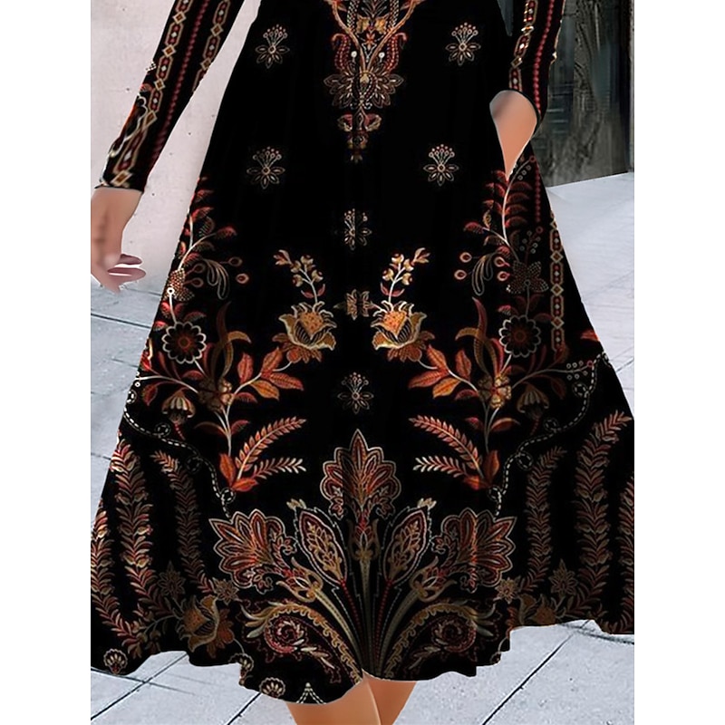 Women's Midi Dress A Line Dress Casual Dress Winter Dress Swing Dress Fashion Streetwear Mature Formal Outdoor Vacation Regular Fit Floral Long Sleeve Crew Neck Black Summer Spring Fall2