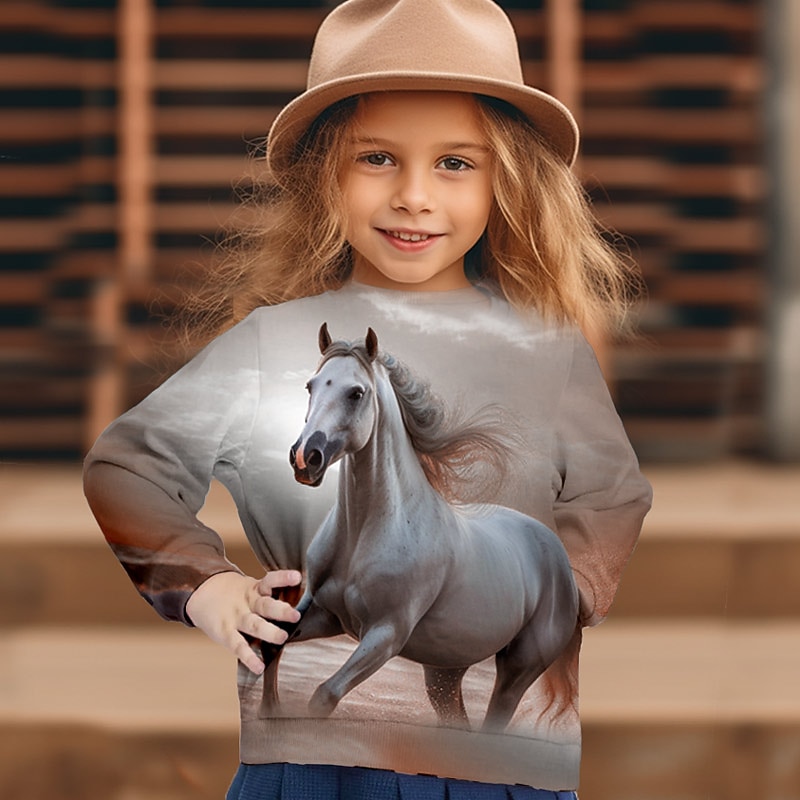Girls' 3D Graphic Animal Horse Sweatshirt Long Sleeve 3D Print Summer Fall Fashion Streetwear Adorable Polyester Kids 3-12 Years Outdoor Casual Daily Regular Fit
