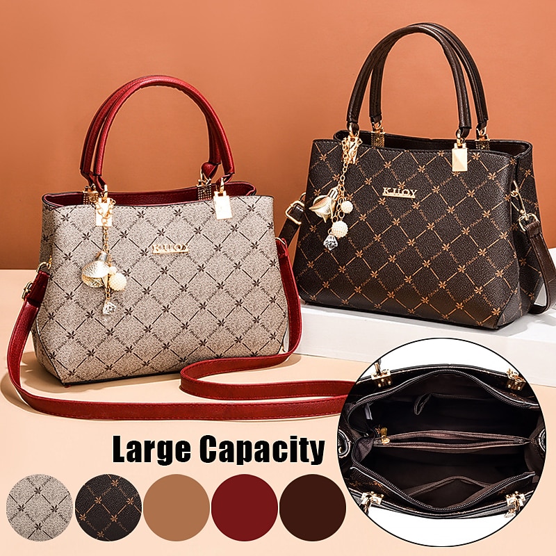 Women's Handbag Crossbody Bag Shoulder Bag Boston Bag PU Leather Office Daily Holiday Pendant Zipper Large Capacity Waterproof Durable Geometric Color Block dark maple leaf with coffee light maple