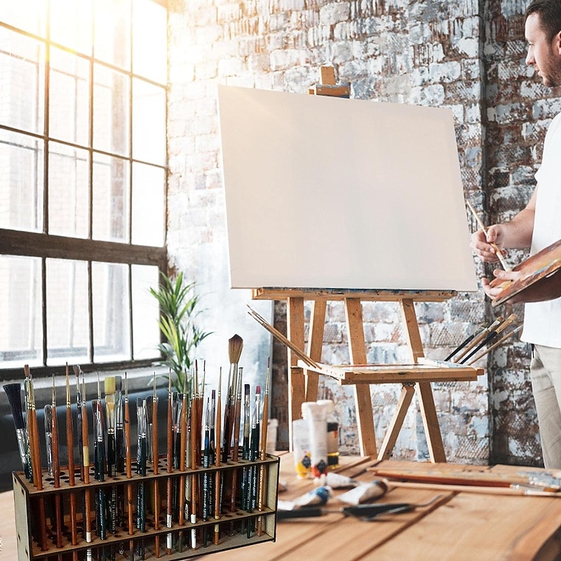 Wooden Brush Holder, Paintbrush Holder, Painting Pen Storage Rack, Desk Stand & Brush Holder Organizer, For Different Size Pens, Paint Brushes, Colored Pencils (Not Including Marker)4