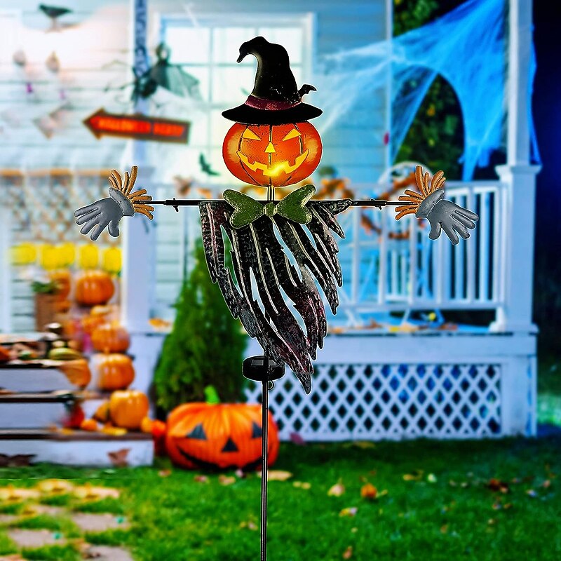 Solar 41Inch Solar Halloween Decorations Yard Stake Solar Powered Outdoor Lighted Metal Pumpkin Scarecrow Stake Light Up Pumpkin Lantern Yard Sign for Autumn Haunted House Figurine Party Decor2
