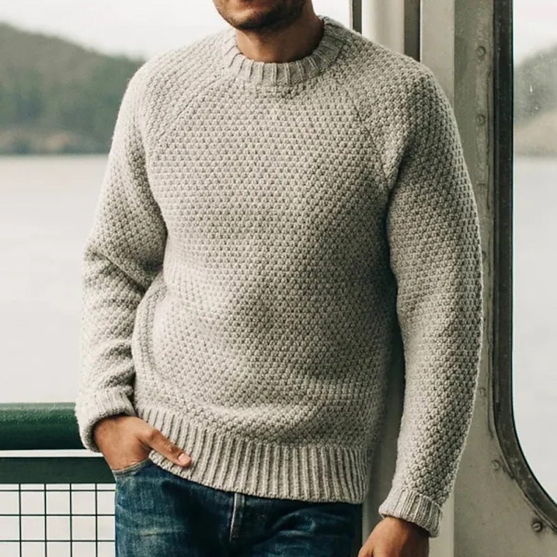 Men's Pullover Sweater Jumper Fall Sweater Jumper Ribbed Crochet Knit Regular Knitted Plain Crew Neck Retro Work Daily Wear Clothing Apparel Winter Black White M L XL3