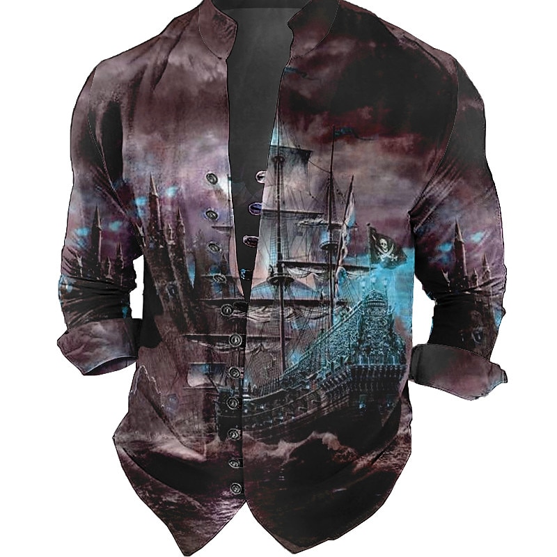 Men's Nautical Vintage Sailboat Shirt Button Up Shirt Long Sleeve Fashion Streetwear Designer Outdoor Casual Daily Summer Spring Fall Stand Collar Print Yellow Red Blue Green Gray3