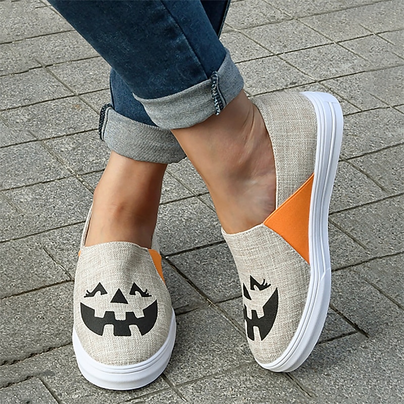 Women's Halloween Pumpkin Slip-On Shoes - Comfortable Canvas Sneakers with Jack-O'-Lantern Print, Perfect for Casual Wear and Halloween Parties2