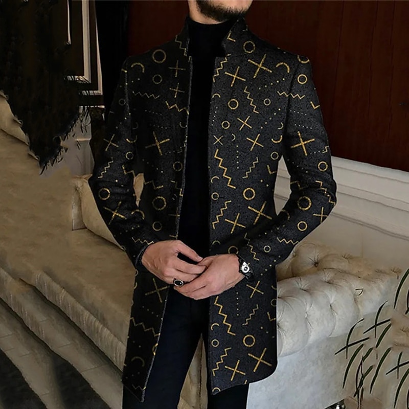 Men's Plaid Argyle Graffiti Winter Coat Overcoat Coat Warm Comfortable Breathable Fashion Streetwear Business Work Wear to work Going out Pocket Print Fall & Winter Turndown Long Sleeve Black White4