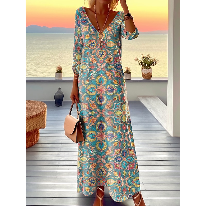 Women's Maxi Dress Graphic Print V Neck Long Dress Daily Date Long Sleeve Spring Fall