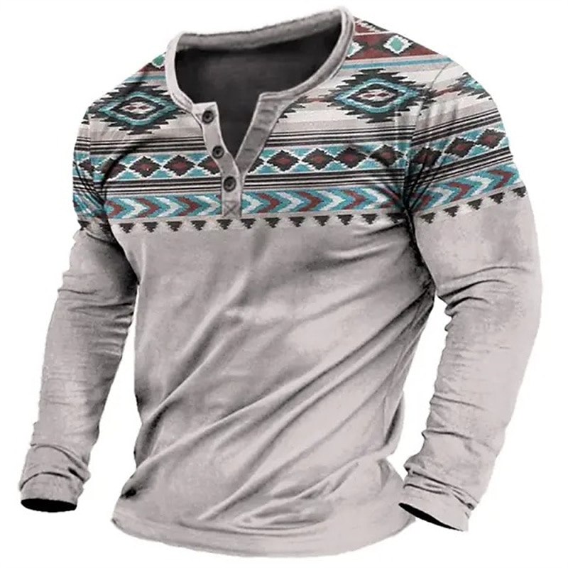 Men's Graphic Tribal Henley Shirt Long Sleeve 3D Print Fashion Designer Comfortable Outdoor Daily Spring &  Fall Navy Blue Brown Green Gray Henley Henley T-Shirt