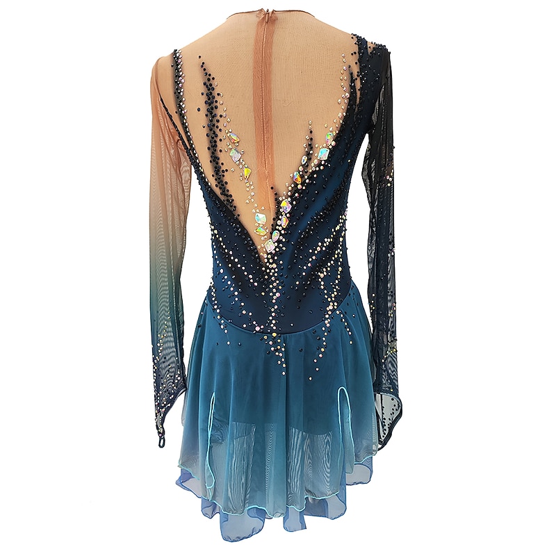 Figure Skating Dress Women's Girls' Ice Skating Dress Dark Blue Thumbhole Halo Dyeing High Elasticity Professional Competition Skating Wear Thermal Warm Crystal / Rhinestone Long Sleeve Ice Skating4