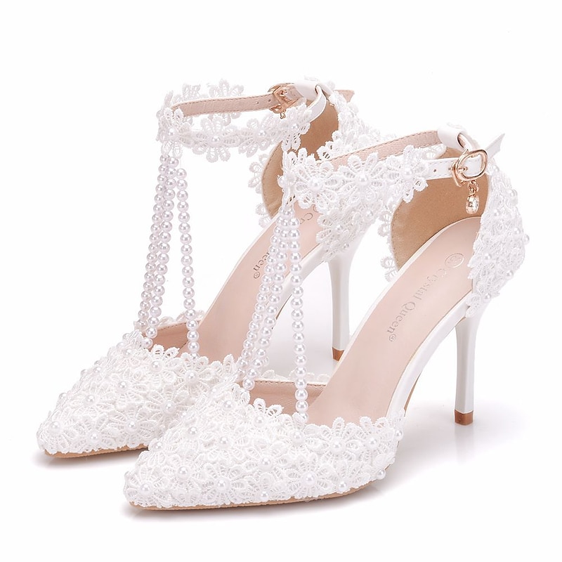 Women's Wedding Shoes Bridal Shoes Lace High Heel Pointed Toe Ankle Strap White Yellow Pink3