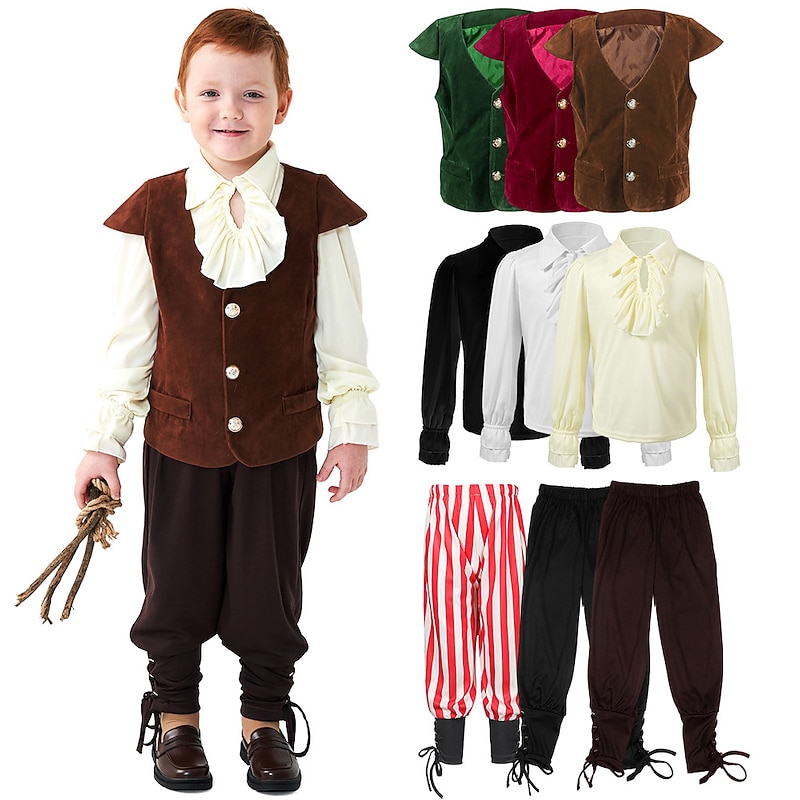 Punk & Gothic Medieval Renaissance Pants Vest T-shirt Knight Ritter Viking Crusader Flounced Solid Color Fancy Dress Boys' Pirate Carnival Masquerade Performance Party Masquerade Kid's Vest Shirt