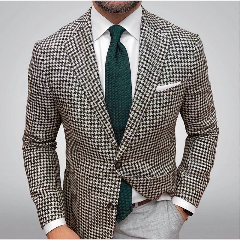 Men's Blazer Jacket Sport Coat Closure collar Outdoor Casual Houndstooth Checkered Black Yellow Light Green Tailored Fit Single Breasted Two-buttons