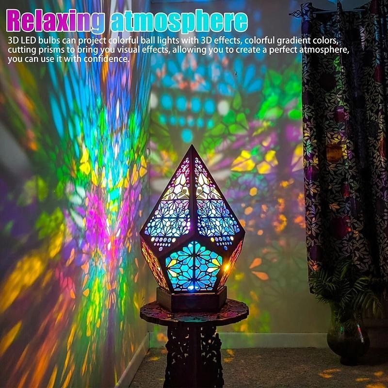 Wooden Bohemian Floor Lamp, USB Charging Hollow Geometric Colorful Lamp Retro Bohemian Light Lamp, LED Colorful Diamond Shaped Lights 3D Projection Night Lamp Desk Lamp Home Decor2