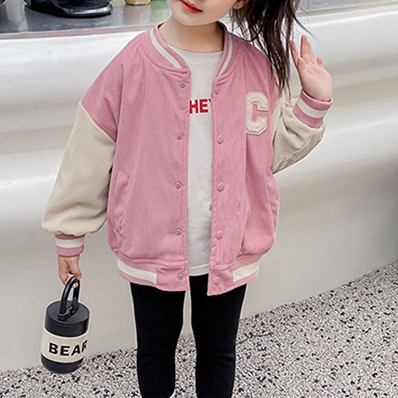 Kids Girls' Baseball Jacket Color Block Active Buttons School Cotton Coat Outerwear 2-8 Years Spring Black Light Green Pink