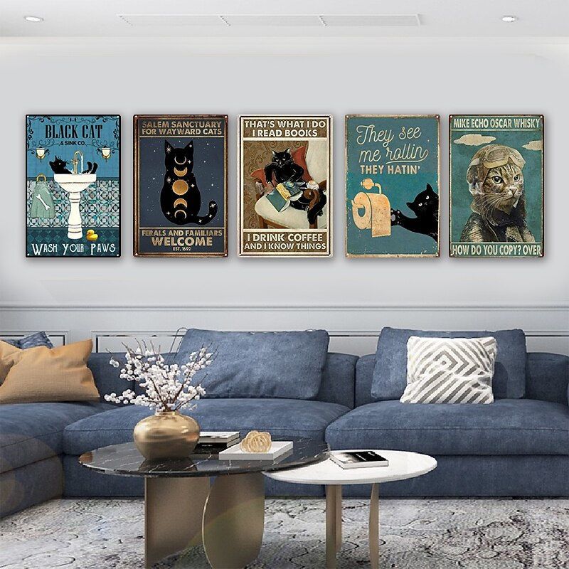 1pc Retro Metal Tin Sign Cat Wine Tin Sign Vintage Kitchen Signs Wall Decor, Painting Wall Hanging for Home Decor Wall Art Metal Tin Sign 20x30cm/8''x12''2